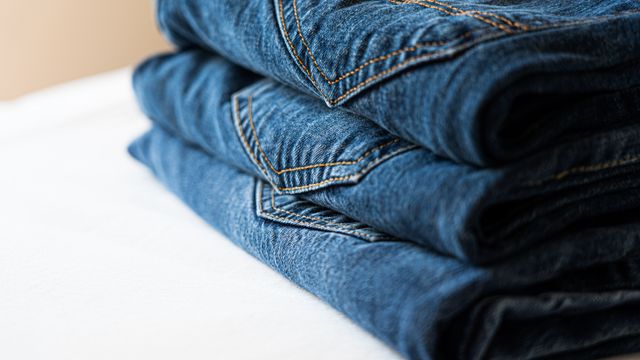 A neat stack of folded blue denim jeans resting on a white surface.